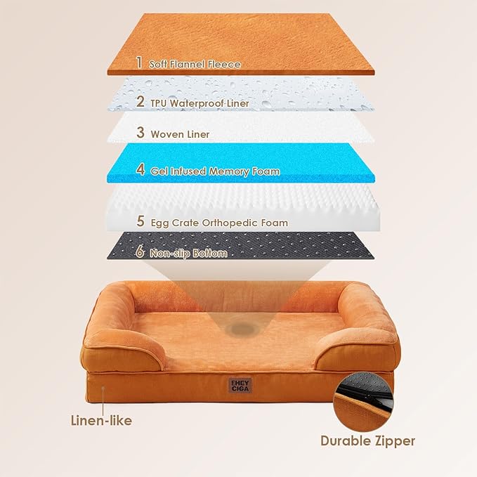 EHEYCIGA Orthopedic Dog Bed for Medium Dogs, Waterproof Memory Foam Medium Dog Beds with Sides, Non-Slip Bottom and Egg-Crate Foam Pet Couch Bed with Washable Removable Cover,Pumpkin Orange