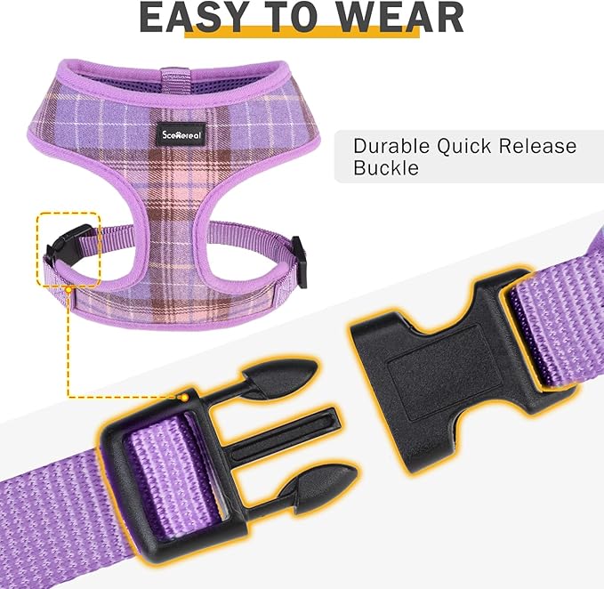 SCENEREAL No Pull Dog Harness with Leash Set for Small Dogs - Breathable Soft Mesh Vest, Plaid Design for Daily Walking Training, Fits Chihuahua Bulldog, Purple Size XS