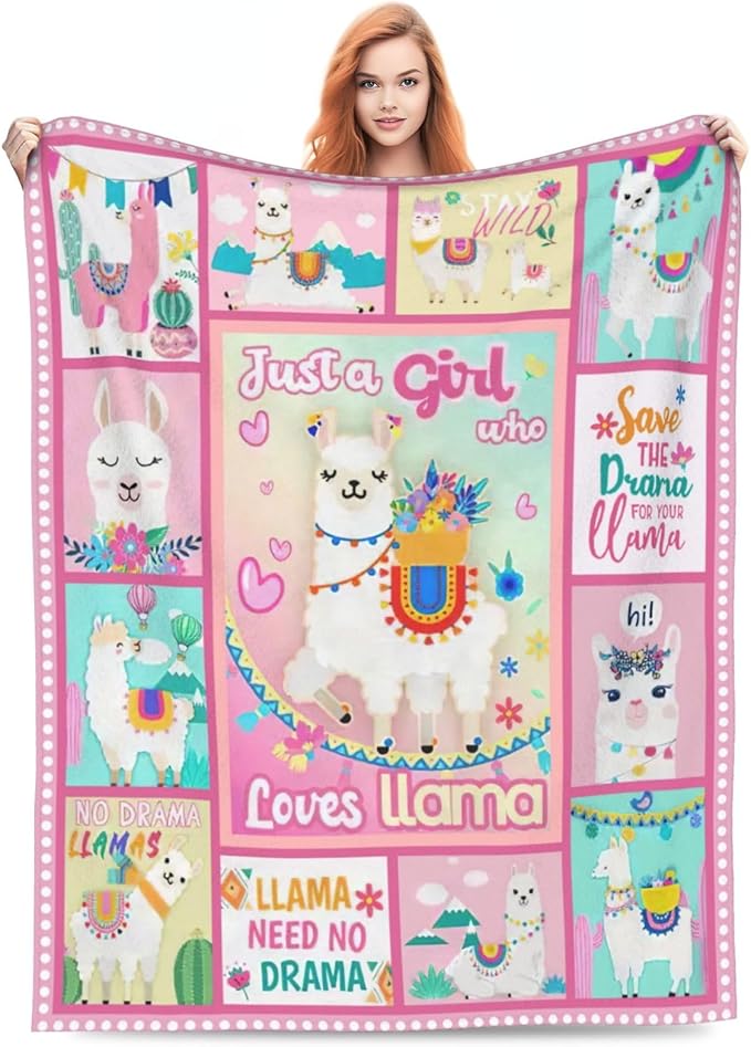 SweetFox Just A Girl Who Loves Llama Blanket, Alpaca Decor Throw Blanket Gifts for Girls Boys Lovers Super Warm Soft Plush Fleece Flannel Winter Bedding Blankets for Kids Adults Men Women 50"X40"