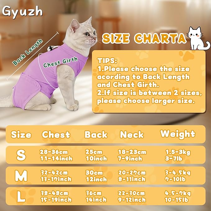 Gyuzh Cat Recovery Suit for Cats After Surgery - Breathable & Comzy Onesie with Adjustable Neck, Pull-On Design and Snap Closure, Cone Alternative for Spay Neuter, Anti-Licking Surgical Suit Purple M