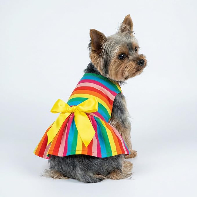 Fitwarm Rainbow Striped Dog Dress, Summer Dog Clothes for Small Dogs Girl, Pet Cat Outfit, 100% Breathable Cotton, Red Yellow Blue, Medium