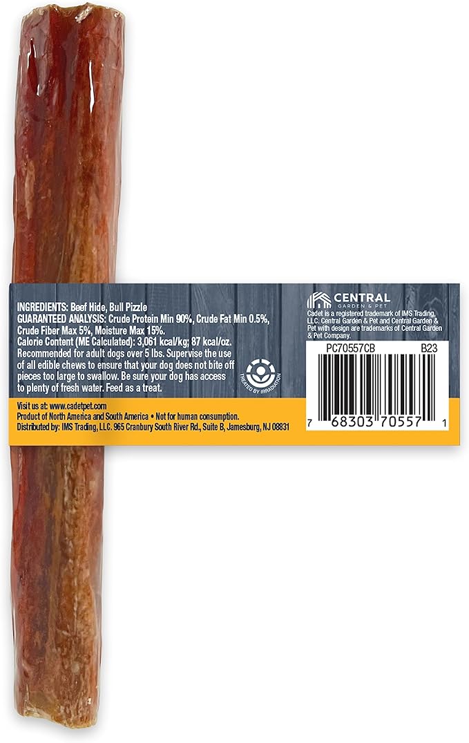 Cadet Bully Hide Sticks for Small Dogs – All-Natural Beef Pizzle, High Protein, Low Fat, Long-Lasting, Grain & Rawhide-Free Dog Chews for Aggressive Chewers, Small (1 Count) (Pack of 2)