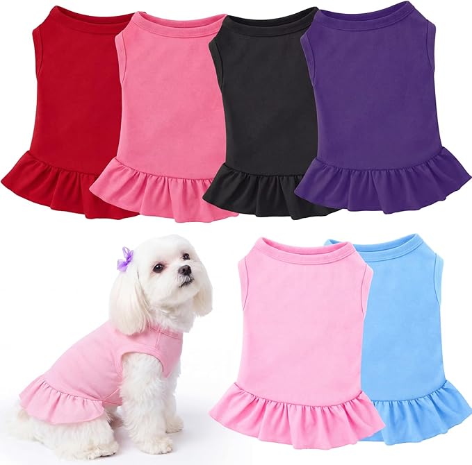 Weewooday 6 Pieces Dog Dresses Cats Shirt Skirt Dog Sleeveless Outfits Breathable Pet Dress with Ruffles Pet Sundress Outfits for and (M Size)