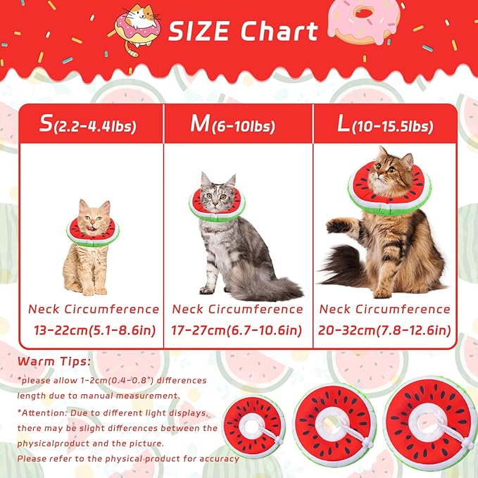 Seyezo Cat Cone Collar Soft, Adjustable Cat Recovery Collars Kitten Cones to Stop Licking, Cute Donut E Collar After Surgery, Wound Healing Elizabethan Collar for Kittens (Watermelon, Large)