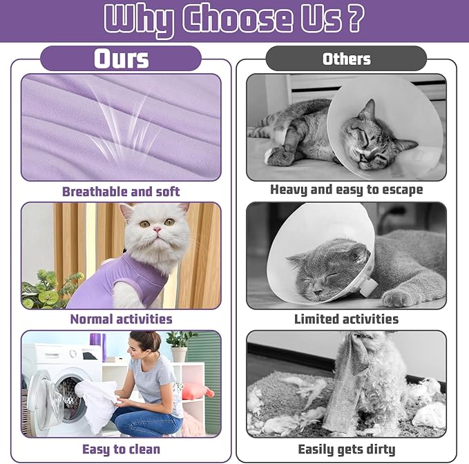 Cat Recovery Suit - Soft and Breathable Cat Onesie for Neuter Surgical, Abdominal Wounds or Skin Diseases, Cats Surgery Suit Cone of Shame Alternative Anti Licking