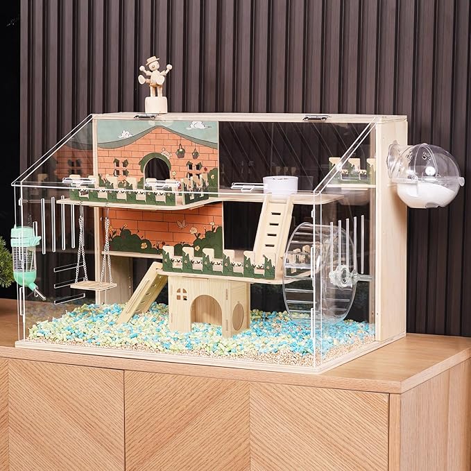 12 in 1 Large Wooden Hamster Cage with All Accessories, 24"*15.8"*15.8" 3-Layer Dwarf Hamster Cage Acrylic,Pastoral Style Mouse Cage for Pet Mice, Hedgehog, with Stairs, Fences and House