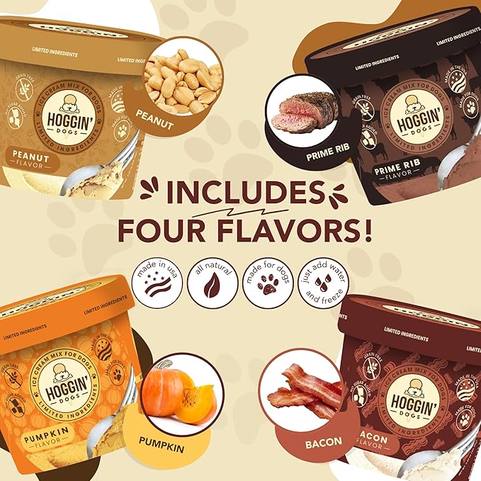 Hoggin Dogs Ice Cream Mix - Add Water and Freeze, All Natural, No Sugar Added, Made in USA by Puppy Cake 4 Pack Pumpkin, Bacon, Prime Rib and Peanut Flavors, 2.32 oz x 4