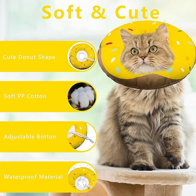 Seyezo Cat Cone Collar Soft, Adjustable Cat Recovery Collars Kitten Cones to Stop Licking, Cute Donut Collar After Surgery, Cats Neck Pillow Cone Elizabethan Cones of Shame (Waterproof Yellow, Medium)