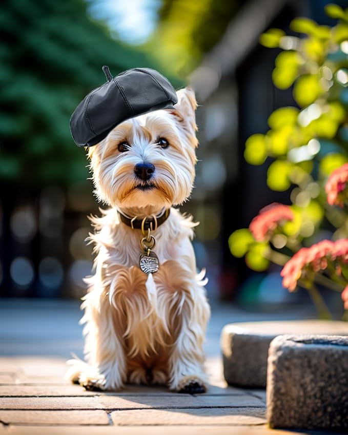 PET SHOW Dog Beret Hat for Small Dogs Cats Party Holiday Headband Cap French Leather Berets with Adjustable Chin Strap Cute Fashion Puppy Hats Pets Costumes Accessories(Black,S)