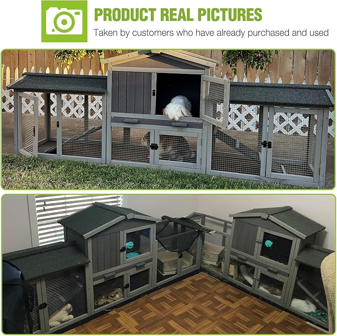 GUTINNEEN Rabbit Hutch Outdoor Large Chicken Coop with Cleaning Tray and Waterproof Roof Wooden Bunny Hutch PVC Floor Bottom for Small and Medium Bunny Rabbit Chick 87.8" L