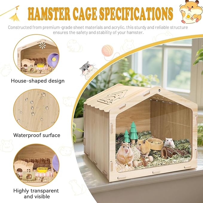 Wood Hamster Cage, 15.7×11.8×11.8in House-Shaped Hamster Enclosure with Transparent Design, Small Pet House for Dwarf Hamsters, Gerbils and Baby Fancy Rats, Gerbil Accessories (15.7×11.8×11.8 in)