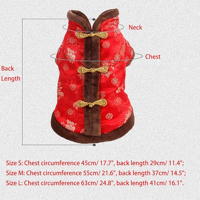 SEIS New Year Cat Knot Buttons Coat Dogs Cheongsam Winter Pet Clothes Vest Christmas Costume for Cats Teddy Bichon Small Medium Dogs (Brown, L (Chest Circumference 63cm/ 24.8"))