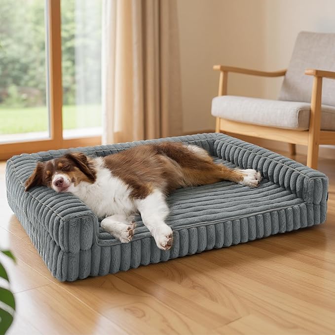 Bedsure ComfyFleece™ Orthopedic Dog Beds Large Sized Dog, Waterproof Memory Foam Pet Couch Sofa with Sides, Non-Slip Bottom and Egg-Crate Foam Large Pet Bed with Washable Corduroy Cover, Grey