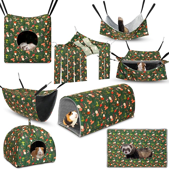 Geelin 8 in 1 Rat Hammock Ferret Hammock Guinea Pig House Hideout Ferret Cave Beds Washable Chinchilla Hamster Cage Accessories Bed Toys for Summer Small Animals Pet Bunny Squirrel