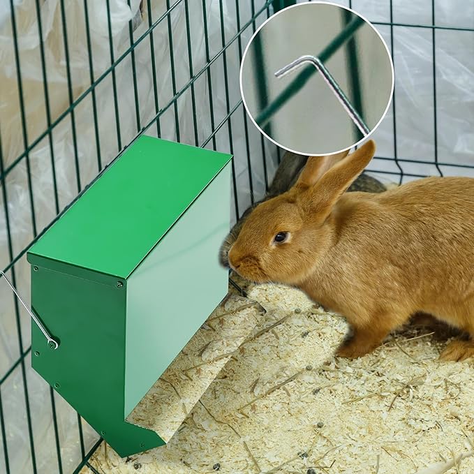 Maxcheck No-Waste Metal Rabbit Feeder for Cages, Large Hanging Food Dispenser with Mesh Bottom & Lid, Holds 5lb Feed for Several Days, Bunny & Small Pets