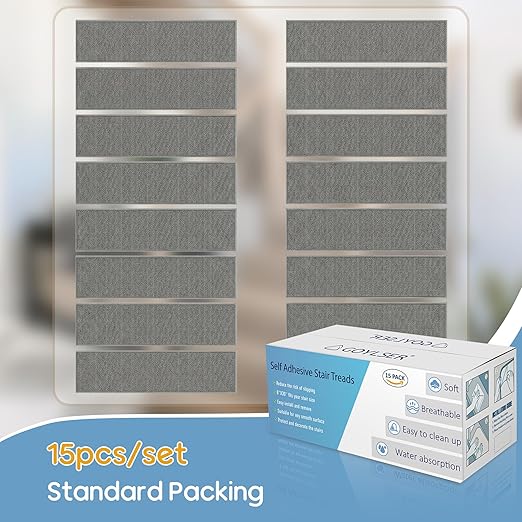 GOYLSER Peel and Sticker Stair Treads Non Slip for Wooden Steps Indoor, 15 Pack Rubber Backed Stair Pads Rug, Removable Staircase Mats Step Cover, Grey