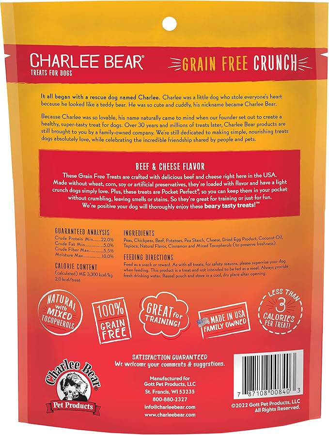 Charlee Bear Crunchy Dog Training Treats, Low Calorie (3 Kcal), Grain Free Natural Mini Dog Treats for Puppies, Small, Medium & Large Dogs, USA Made, Healthy Beef & Cheese Flavor 8oz (4-Pack)