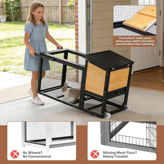 TIMHAKA 2-Story Rabbit Cage with Wheels, Bunny Hutch w/Chew-Proof Ramp, Indoor Outdoor Bunny Cage w/Leak-Proof Trays and Openable Waterproof Roof for Rabbits, Guinea Pig, Small Animal Yellow