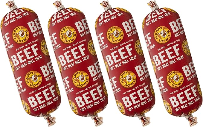 Happy Howie's Soft Meat Roll Treat - Soft Dog Food Beef Rolls, High Protein, Natural Ingredients, for All Dogs, Made in USA - Beef, 12 Oz (Pack of 4)