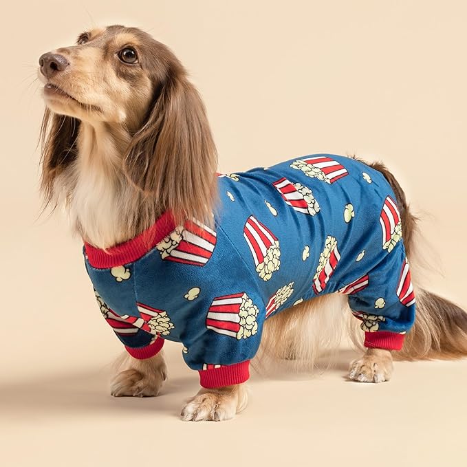 Fitwarm Popcorn Dog Pajamas, Funny Dog Clothes for Small Dogs Boy Girl, Fleece Pet Onesie with Feet, Blue, Red, White, Yellow, XS