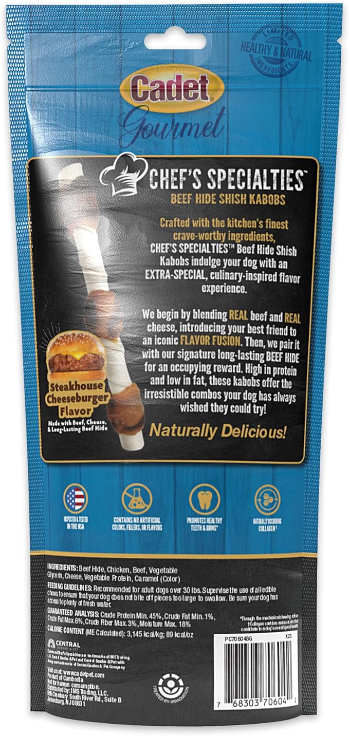 Cadet Chef's Specialties Natural Rawhide Shish Kabob Chew Sticks, Steakhouse Cheeseburger Flavor, Healthy Dog Treats for Large Breeds, 3 Count