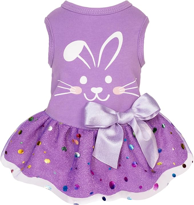 Fitwarm Easter Bunny Dog Dress, Holiday Dog Clothes for Small Dogs Girl, Pet Easter Outfit, Purple, White, XXS