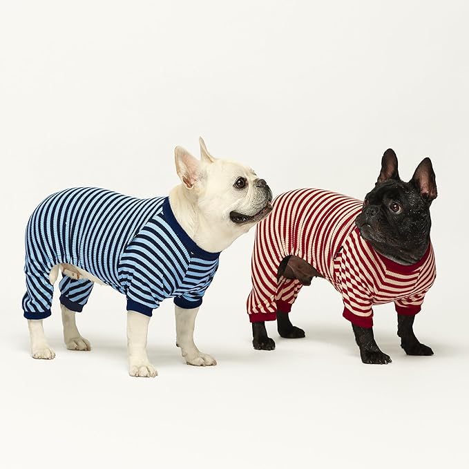 Fitwarm Blue and White Striped Dog Pajamas, Waffle Dog Clothes for Small Dogs Girl Boy, Puppy Onesie with Feet, Pet Cat Outfit, Small
