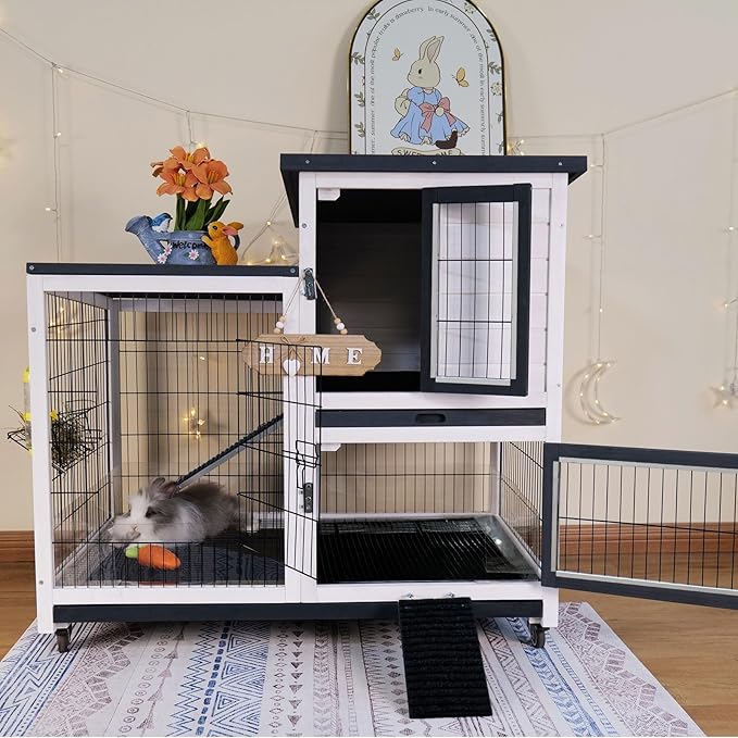 FunXplore 2-Tier Rabbit Hutch, Indoor & Outdoor Mobile Bunny Cage with Urine Guards, Weatherproof Asphalt Roof, 2 Pull Out Trays, Sturdy Small Animal Cage for Guinea Pig