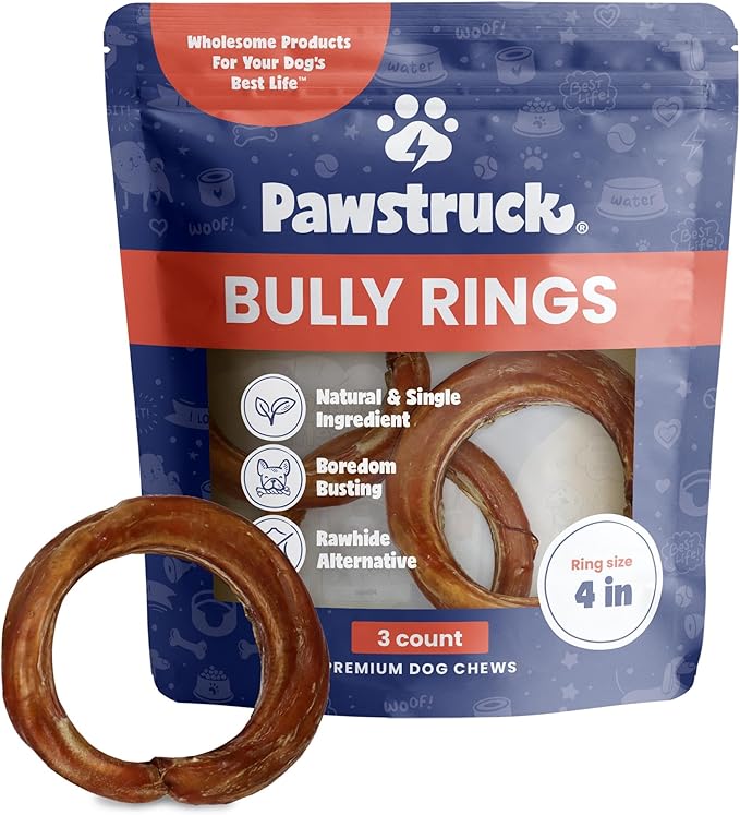 Pawstruck All-Natural 4" Bully Stick Rings for Dogs - Rawhide-Free, 100% Beef, Single Ingredient Dental Chew Bones - Fully Digestible, Low Odor - 3 Pack - Packaging May Vary