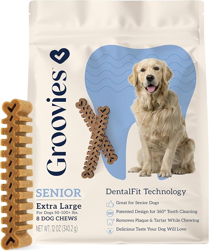 Groovies Senior XLarge Dog Dental Chews for Dogs, Patented DentalFit Technology for Plaque & Tartar Support, Flexible Texture for Easy Chewing, Chicken Flavor, USA Manufactured,50–100 lb Dogs,8 Count
