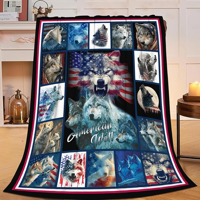 Wolf Throw Blanket American Flag Wolf Stuff Gifts for Kids Girls Boys Adults Women Men Soft Cozy Warm Plush Fluffy Fuzzy Fleece Blanket Decor 60''X80''