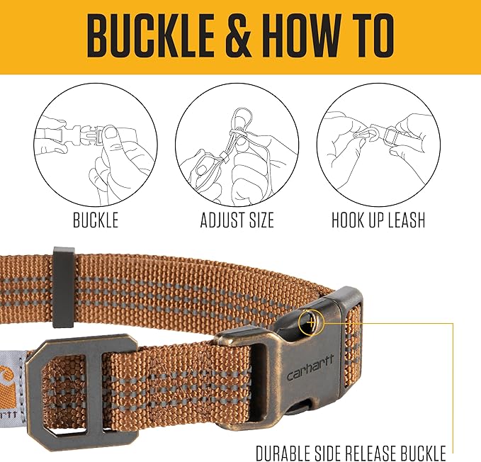 Carhartt Fully Adjustable Nylon Webbing Collars for Dogs, Reflective Stitching for Visibility, Carhartt Brown (Nylon Webbing), Medium