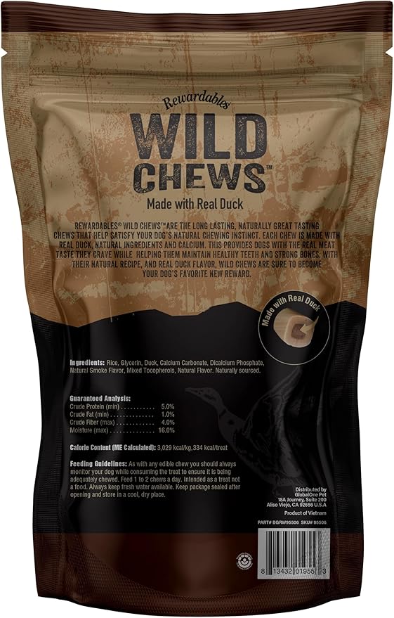 | Wild Chews | Duck Recipe, Made with Real Duck, Limited Ingredient, Long Lasting Chews for Large Dogs | 6 Count
