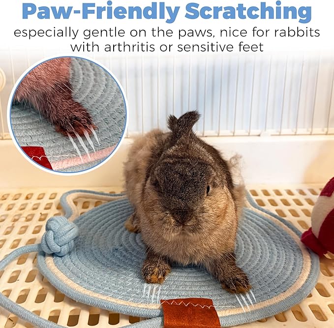 2pcs Large Rabbit Foraging Toy with Bell & Natural Rabbit Scratching Pad, Washable Puzzle Feed Game with Soft Cotton Rope Mat for Indoor Bunnies