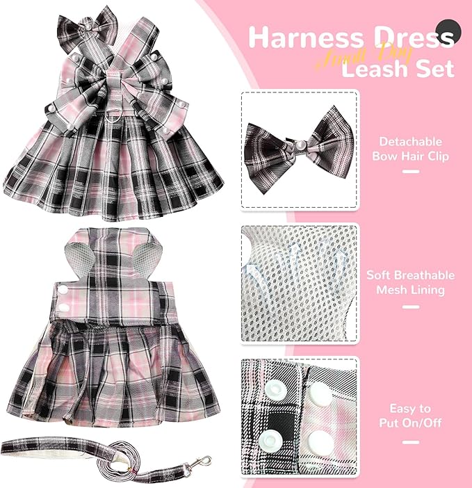 PETCARE Cute Dog Dress Clothes for Small Dogs Cats Girl Female Pink Plaid Bow Tie Dog Harness Dresses Leash Set with Pearls Bow Accessories Birthday Puppy Dress Shih Tzu Yorkies Chihuahua Outfits