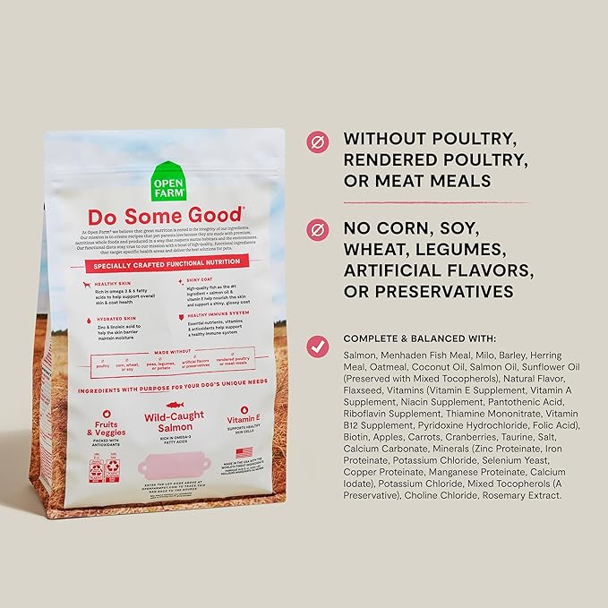 Open Farm, Skin & Coat Health Dog Food, Veterinarian Formulated Kibble with Salmon Oil and Vitamin E to Support Healthy Skin & A Shiny Coat, Wild-Caught Salmon & Oatmeal Recipe, 4lb Bag