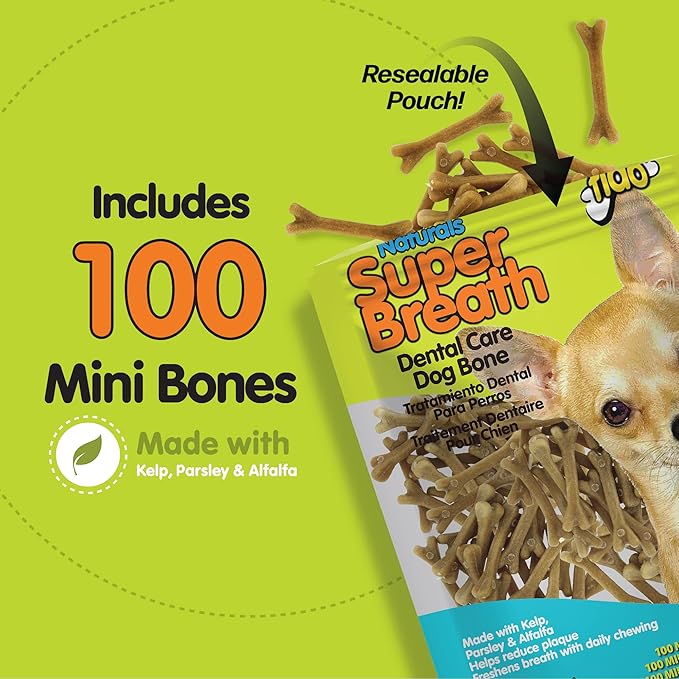 FIDO - Super Breath Dental Care Bones for Dogs - 100 Count Mini Dog Dental Treats for Extra Small Dogs, Made in USA, Tasty Dog Dental Chews Help Reduce Plaque, Tartar Buildup & Freshens Breath