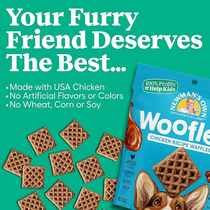 Newman's Own Chicken Recipe Woofles Waffle Dog Treats, 10 oz Bag — Limited Ingredients, Made with U.S. Farm Raised Chicken, No Artificial Flavors or Colors, Training Rewards, Made in USA
