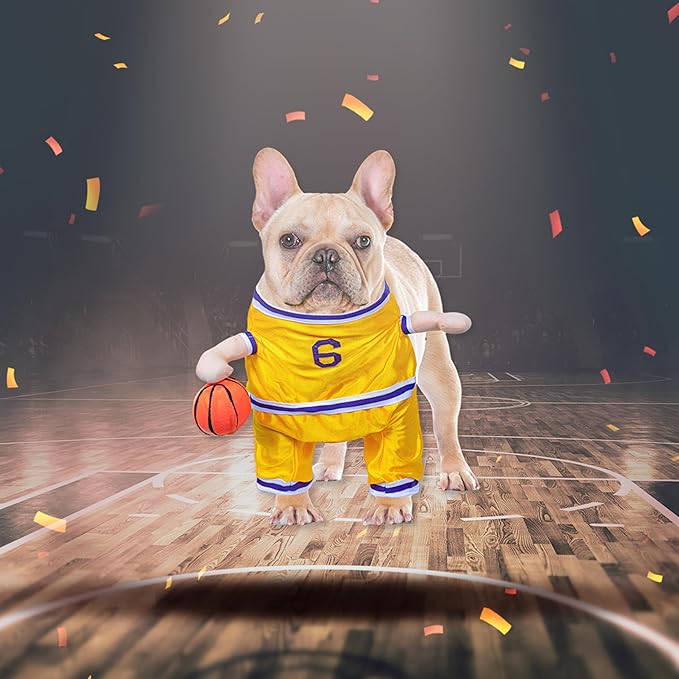 DELIFUR Dog Basketball Player Costume - Pet Halloween Costume Adjustable Funny Dress Up Sports Outfit Cosplay Clothes for Small Medium Dog (Yellow Basketball, Medium)