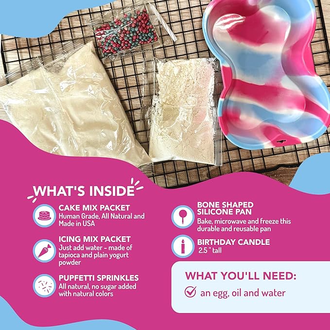 Puppy Cake Dog Birthday Cake Kit – Cake Mix, Icing Mix, Candle and Swirl Tri Color Silicone Pan, Peanut Butter Flavor – Bake or Microwave – Perfect for Celebrating Your Dog’s Special Day – Made in USA