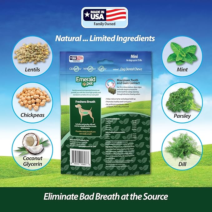 Emerald Pet Fresh Smileezz Grain Free Dog Dental Treats — Minty Fresh Breath and Clean Teeth for Puppies and Small Dog Breeds — Made in USA Mini, 12 Oz