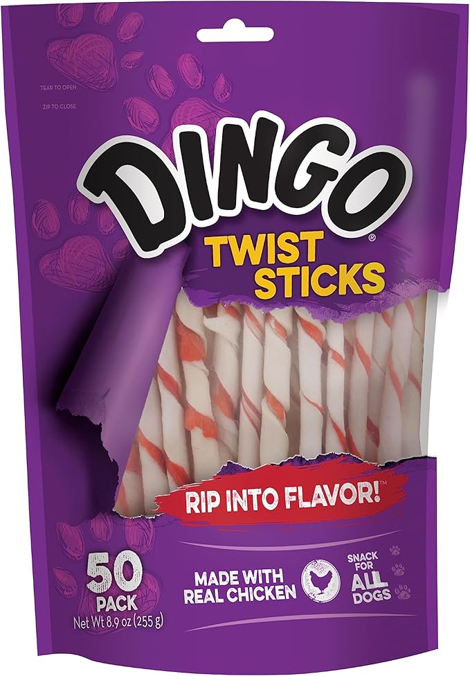 Dingo Twist Sticks Rawhide for Dogs, Made with Real Chicken, 50 Count