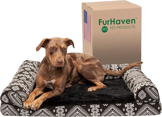 FurHaven Supportive Memory Foam Sofa Dog Bed with Washable & Removable Cover - Plush/Woven - Black Medallion, Dogs Up to 55 lbs - Large