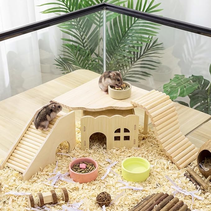 BreezeHug 4 Pcs Hamster Platform Hideout Wooden Tunnel Ladder Playhouse Hamster Game Climbing Toy with Platform Cage Accessories for Small Pets Dwarf Syrian Mice Degus Gerbils Squirrel(Wave)