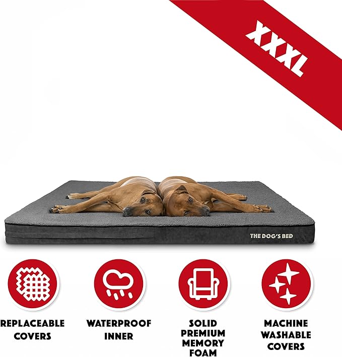 The Dog’s Bed Orthopedic Memory Foam Dog Bed for XXXL Dogs, Waterproof Washable Cover, Anti-Slip Base, Calming Surface – CertiPUR-Certified Foam, Grey Plush, 4 Inch Thick