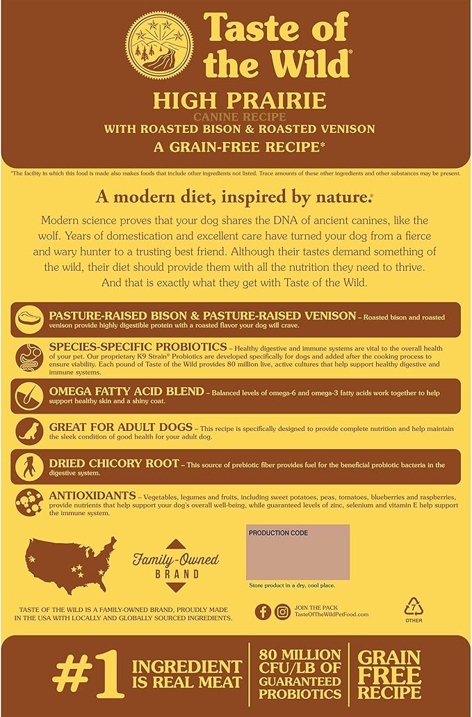 Taste of The Wild High Prairie Canine Grain-Free Recipe with Roasted Bison and Roasted Venison Adult Dry Dog Food, Made with High Protein from Real Meat and Guaranteed Nutrients and Probiotics 14lb