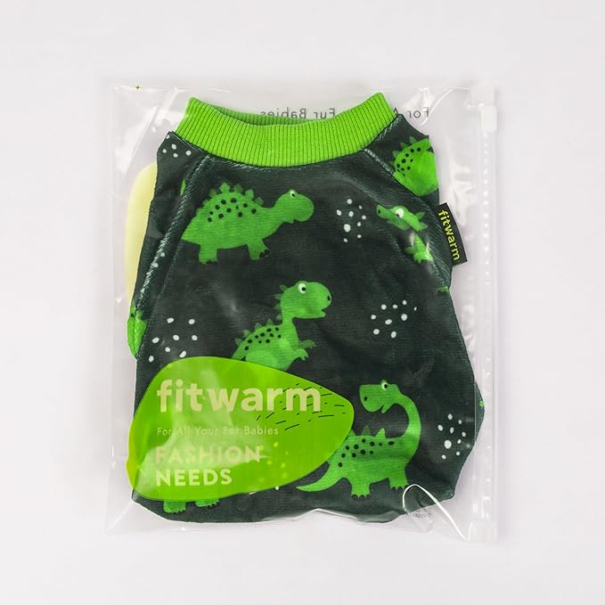 Fitwarm Dinosaur Dog Fleece Pajamas, Warm Clothes for Small Dogs Boy, Cozy Pet Onesie with Feet, Dark Green, Bright Green, Medium
