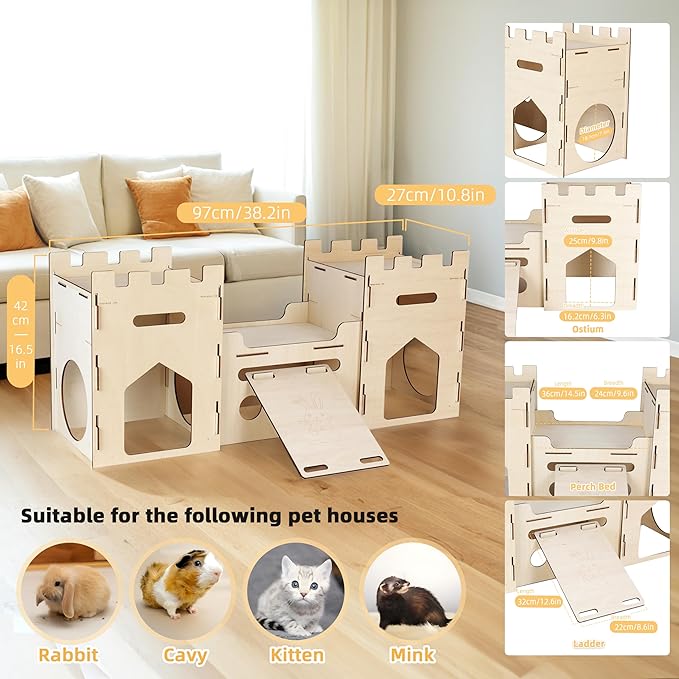 HIIMALEX Extra Large Wooden Bunny Castle House Multistory Climbing Tower Hideout Ventilated Sturdy Habitat for Rabbit Guinea Pig Chinchilla Ferret