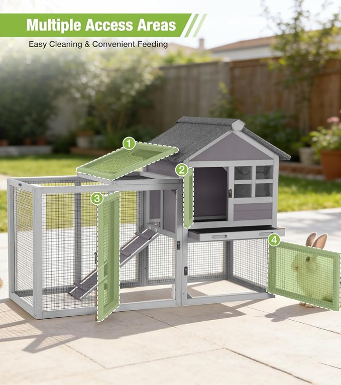 GUTINNEEN Rabbit Hutch Outdoor Rabbit Cage Indoor 51.6" L Waterproof Bunny Cage with Chew-Proof Ramp and Lockable Doors for Indoor Outdoor Use Grey