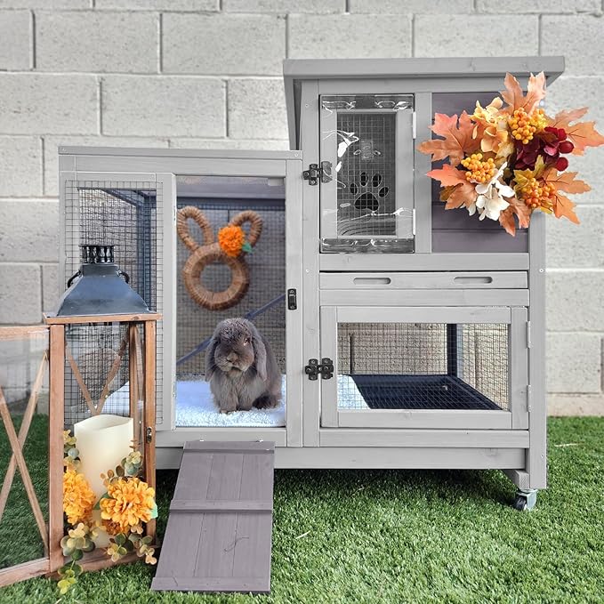 Gutinneen 2-Story Rabbit Hutch Indoor Wooden Bunny Cage with Removable Wire Mesh Floor, Chew-Proof Ramp, Lockable Wheels, Pull Out Trays for 1-2 Rabbit, Guinea Pig, 40.6" L x 26" W x 37.6" H